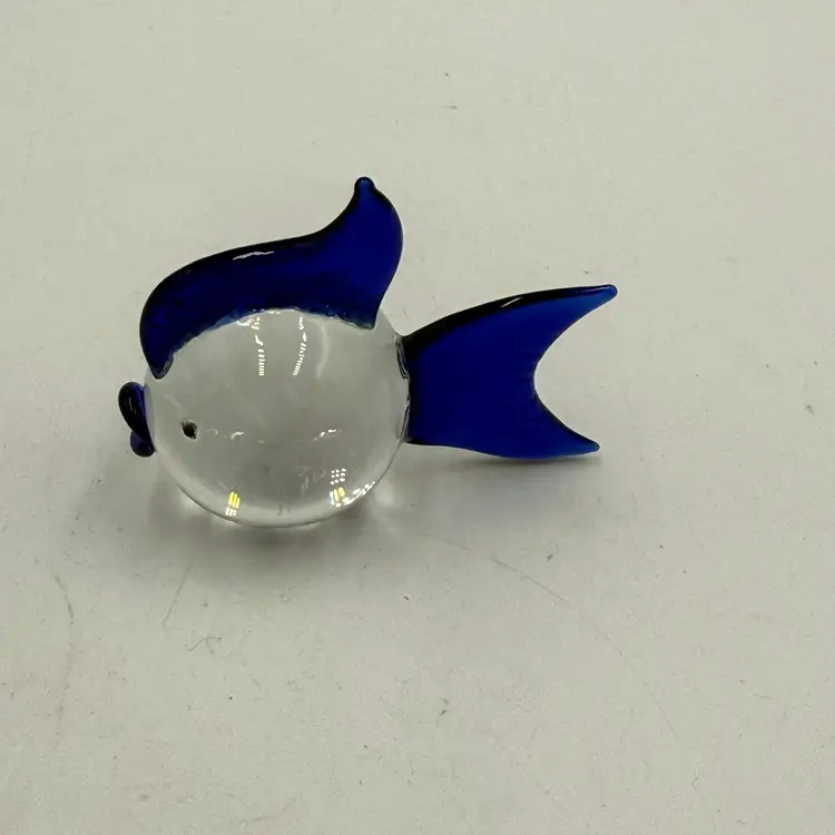 Pair Vintage Hand Blown Art Glass Cobalt Blue And Clear Fish Two Figurines