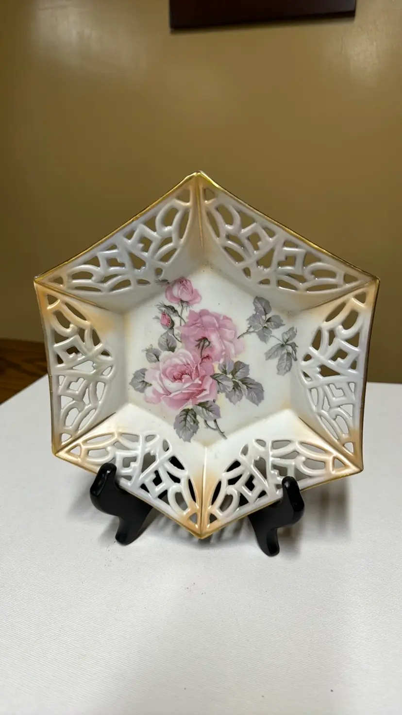 German Porcelain Pink Rose hexagonal reticulated lattice dish 8” diameter