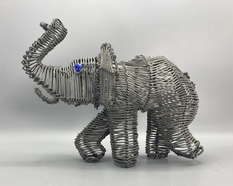 Recycled Metal Elephant Sculpture with Blue Eyes - Trunk Up