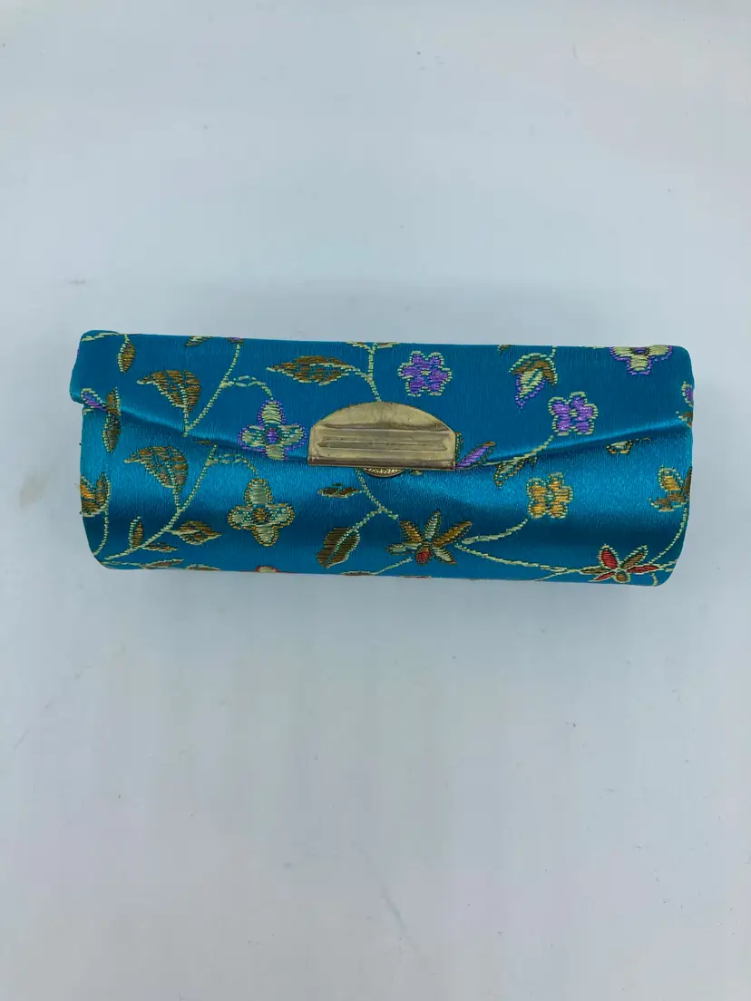Lipstick Case With Mirror Turquoise Fabric Covered Snap Closure 3.5" L