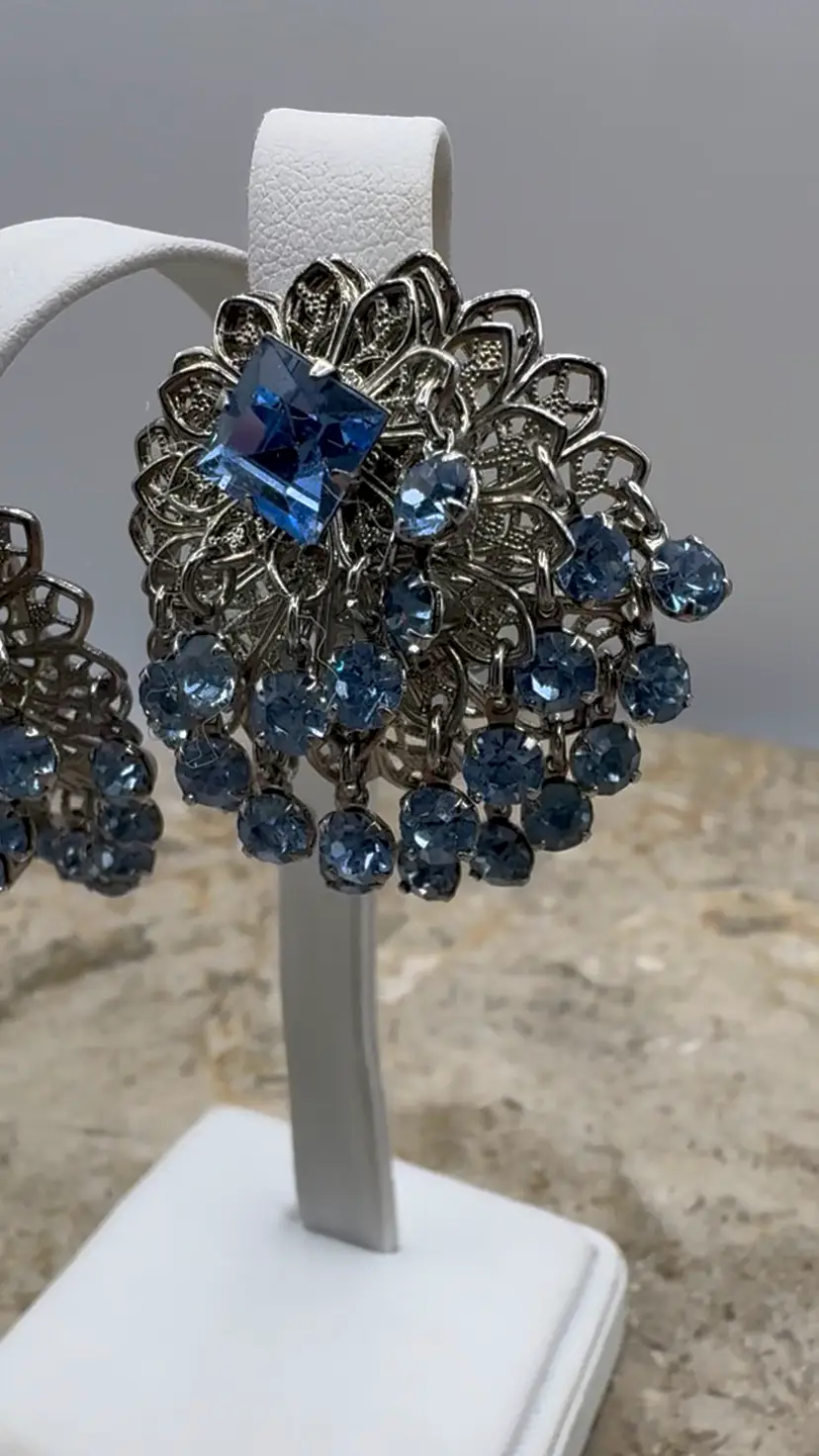 1940s Sky Blue Rhinestone Cha Cha Dangle Hollywood Glamour Clip Earrings