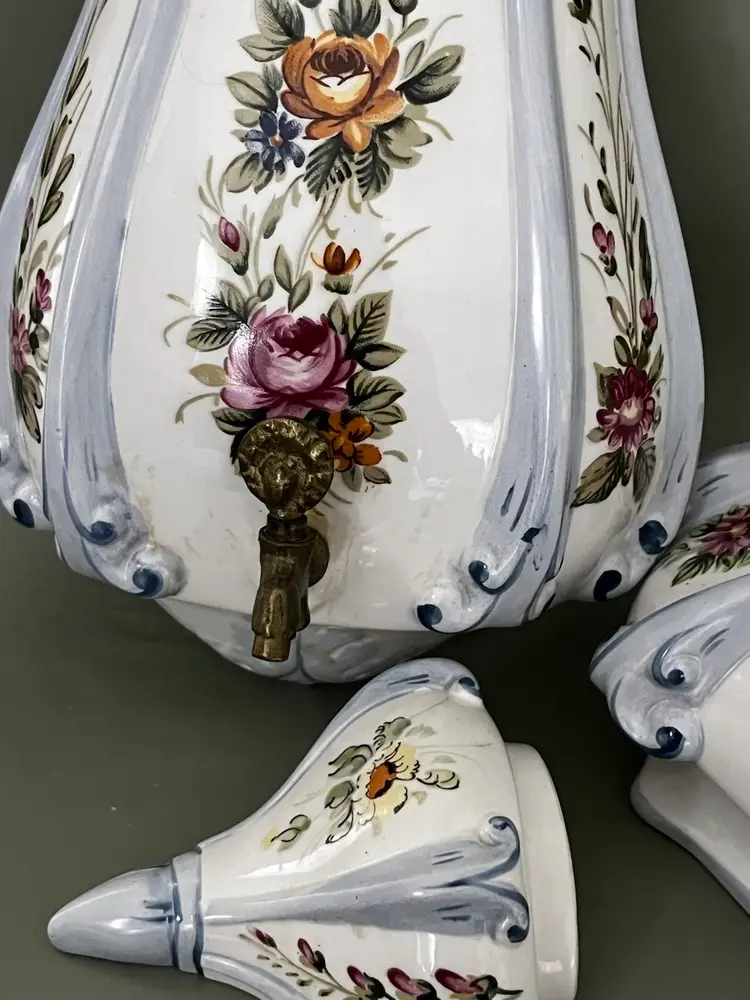 Vintage Andrea by Sadek Handpainted Lavabo Wall Pocket Fountain/Planter French Floral, with Spigot Valve, Made in Japan