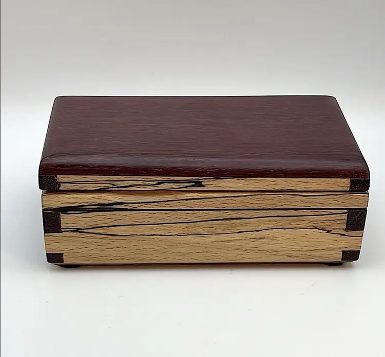 “Wood of a Kind”, Wooden Box, Purple Heart/Spalted Maple, Hinged Lid, Dtd 2000