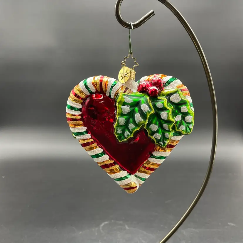 Christopher Radko Holly Mint Heart Blown Glass Hanging Christmas Ornament