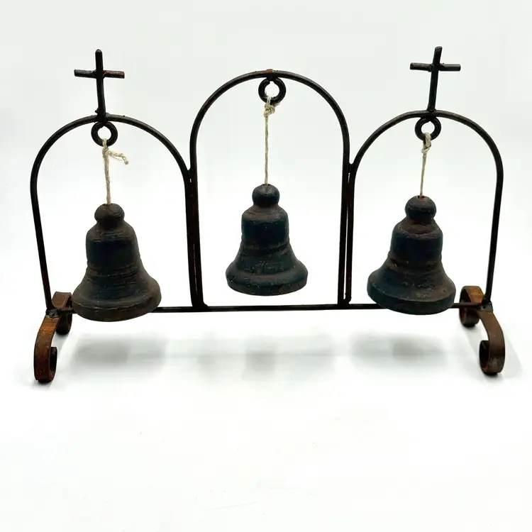 Rustic Spanish Style Hanging Church Mission Bells Wrought Iron Stand Tabletop Decor.