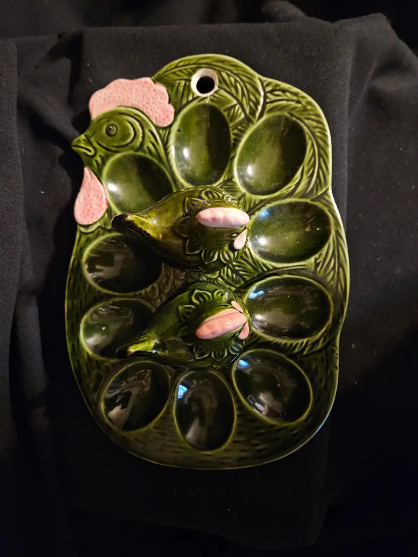Vintage Green Chicken Deviled Egg Platter with Matching Salt & Pepper Shakers from Price Import Japan