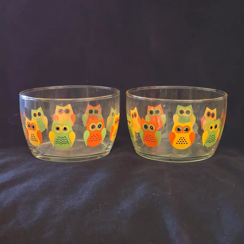 Owl Glass Bowls Libbey Crisa Hoot! 4¼" Diameter (set of 2) Vintage with Manufacture Issue