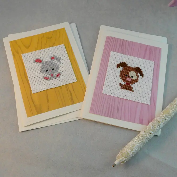 Cross Stitch Brown Spotted Puppy Gray Bunny Blank Keepsake Greeting Cards 3.5" x 5"