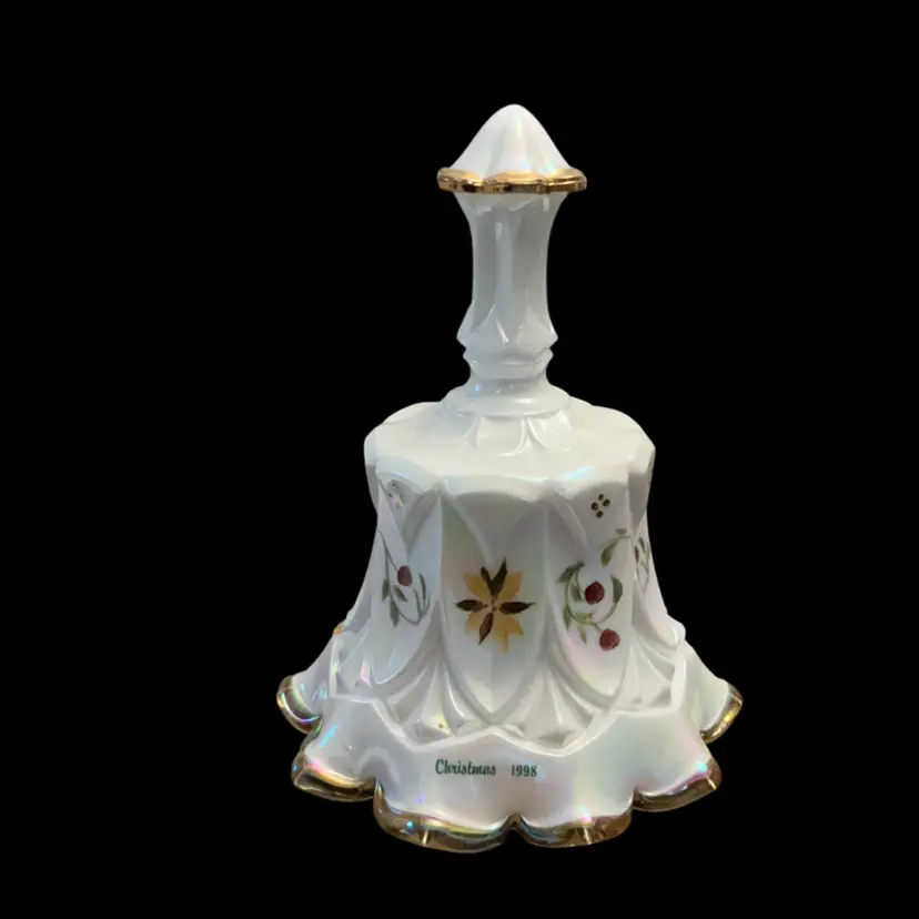 Fenton Christmas 1998 White Iridescent Bell w/Gold Crest Base Limited Edition HP By Truda Medenhall 6.5” x 4.75”