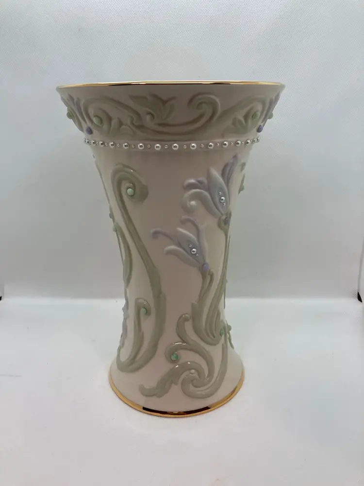 Retired Lenox Gem Blossoms Vase w/ Raised Flowers Embellishments & Pearls