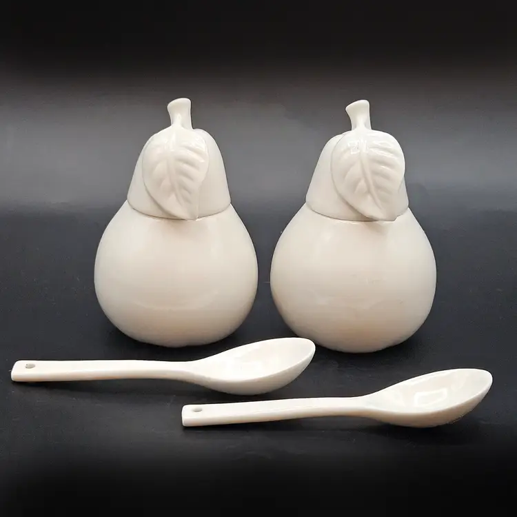 Kromer Germany Fruit Pots White Ceramic Pear Jars with Spoons Vintage Set of 2