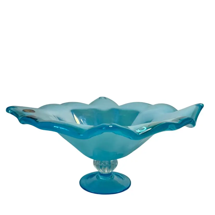 Glass Centerpiece Bowl White Cristal Ocean Blue Iridescent Italy Label Glows READ
5” T x 9-1/4” x 11”