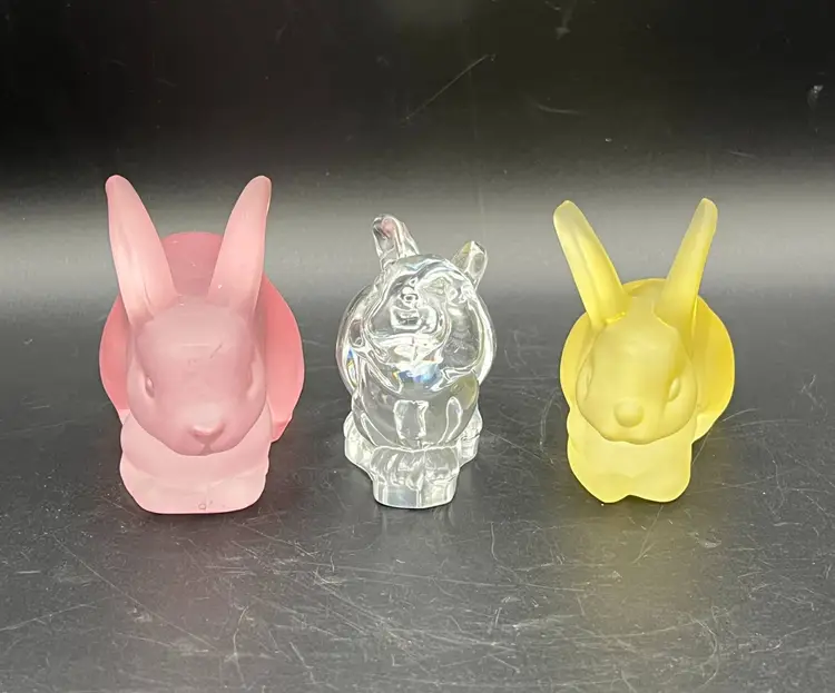 Bunny Rabbits Glass / Crystal Figurines Yellow, Pink & Satin ~  Heavy ~ Set of 3