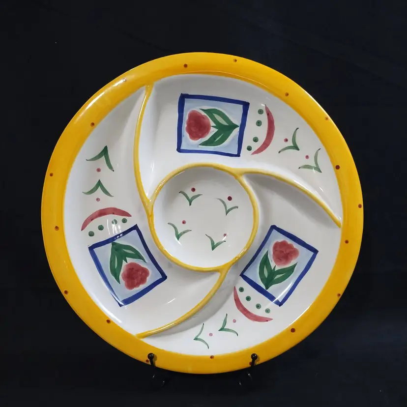 Handpainted Floral Ceramic Sectioned Chip Dip Fruit Veggie Serving Dish