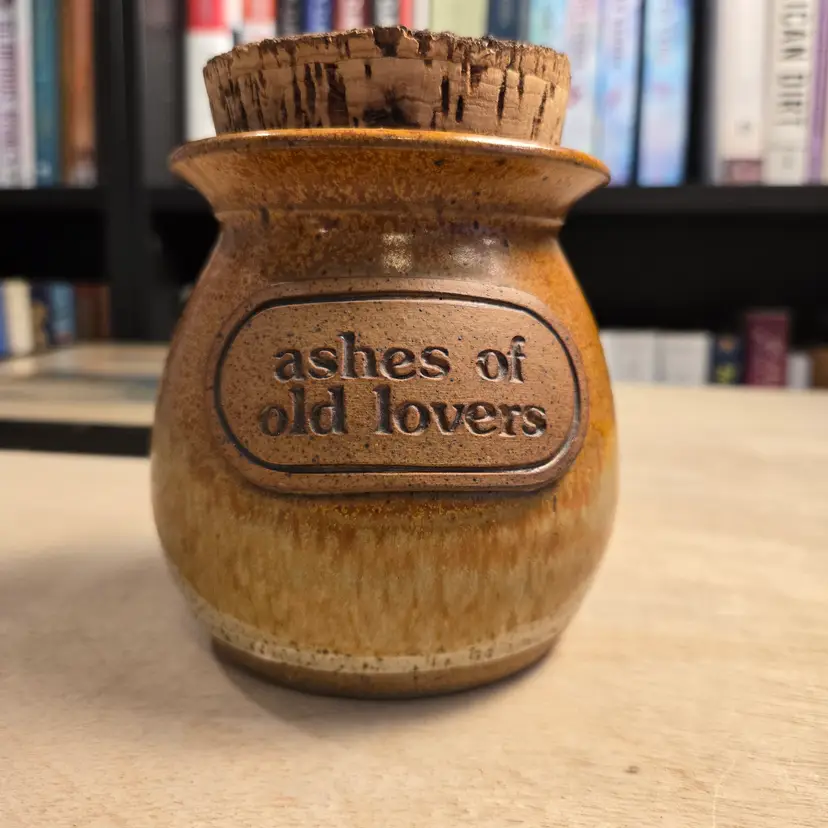 Pottery Jar with cork "Ashes of Old Lovers" novelty makers mark