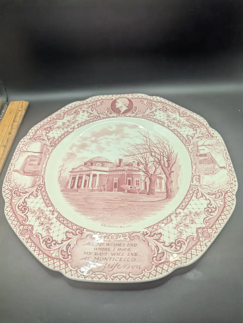 Vintage Thomas Jefferson Monticello 10 1/2" Burgundy Red Transferware Souvenir Plate Made in England.