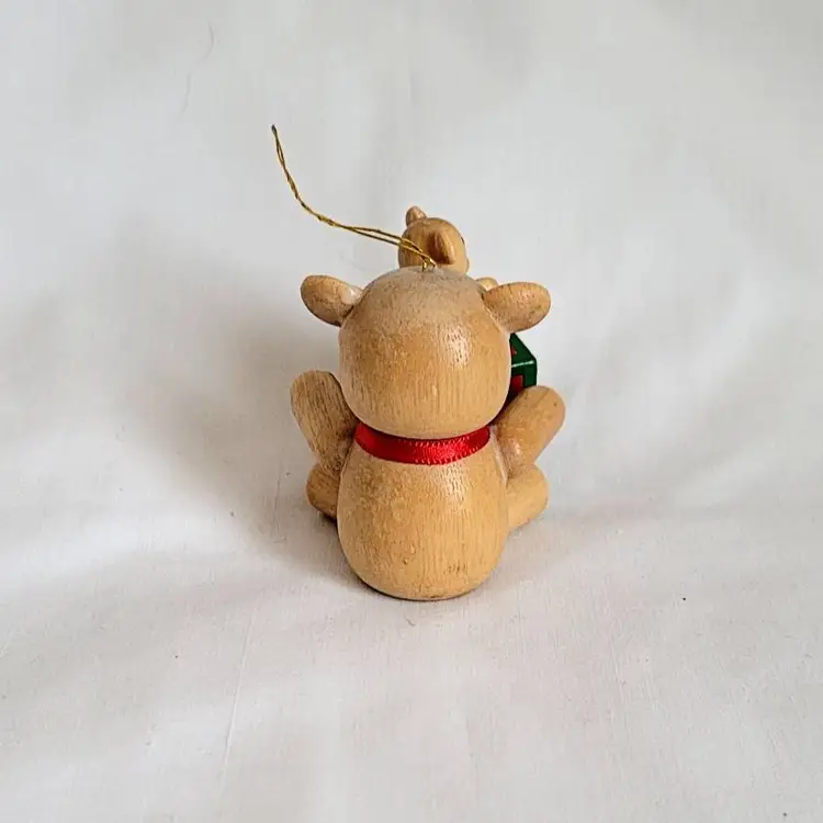 Wood Ornament Bear Holding Package