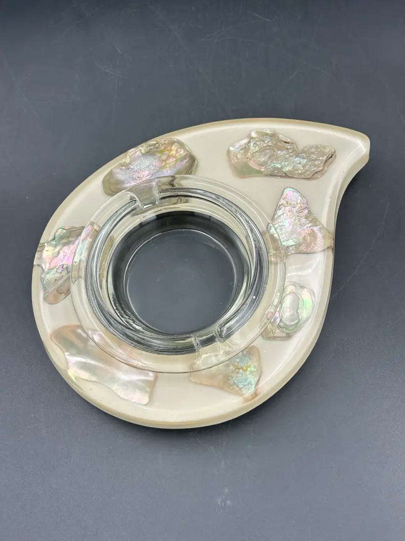 Vintage MCM Resin Ashtray With Embedded Abalone Shells And Glass Insert