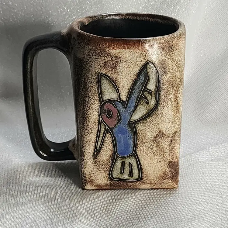 Mara Pottery Coffee Mug Hummingbird Mexico Handmade 13.5 oz Tan Brown Blue Rose