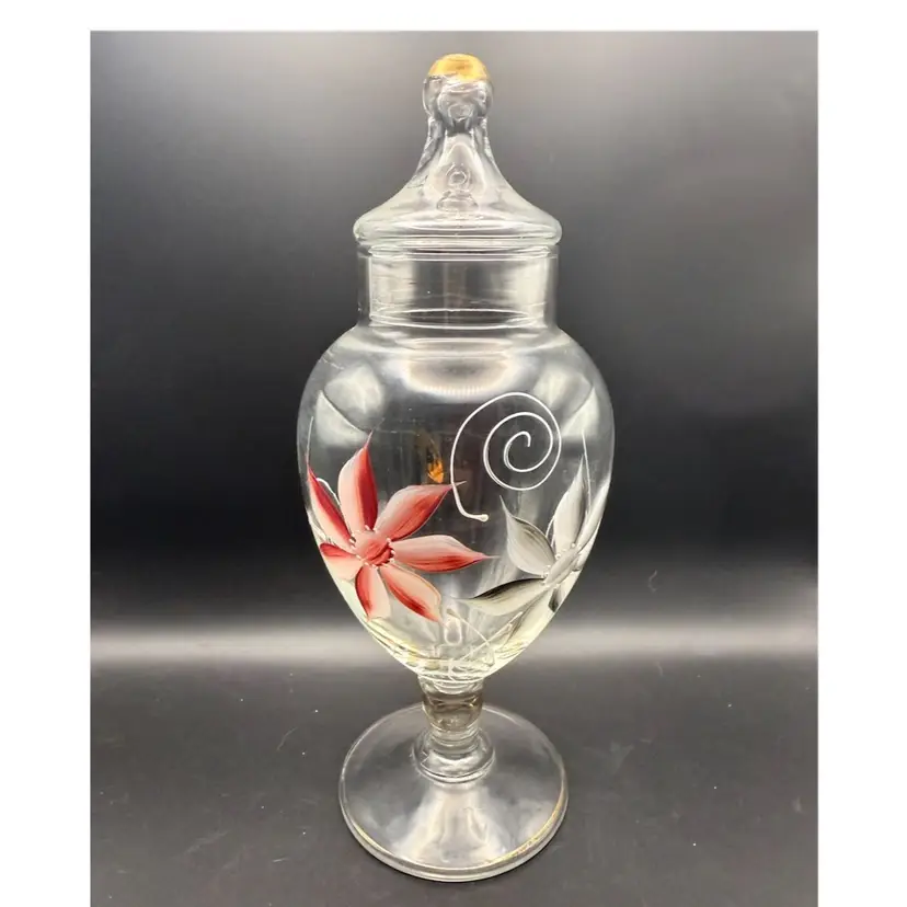 Vintage Hand-Painted Lidded Glass Apothecary Jar