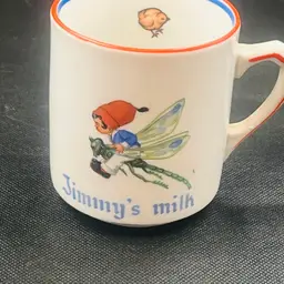 Vintage Child's "Jimmy's Milk" Mug - Storybook Fairy Riding Dragonfly - Whimsical Gift