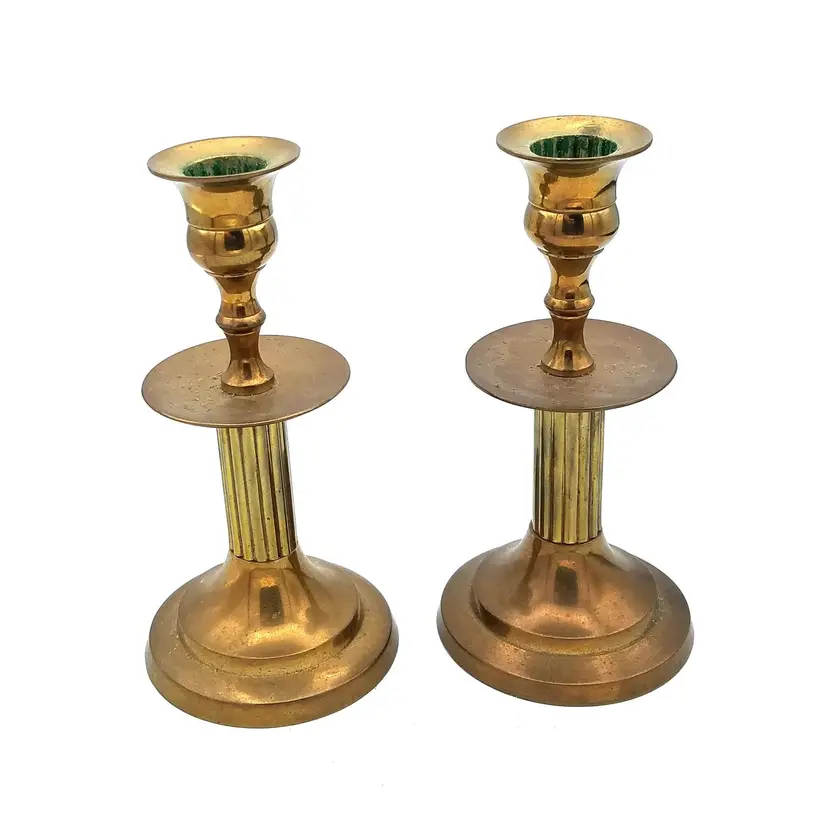 Pair of Vintage Solid Brass Candle Holders, India, Doric Pillar, Mid Century