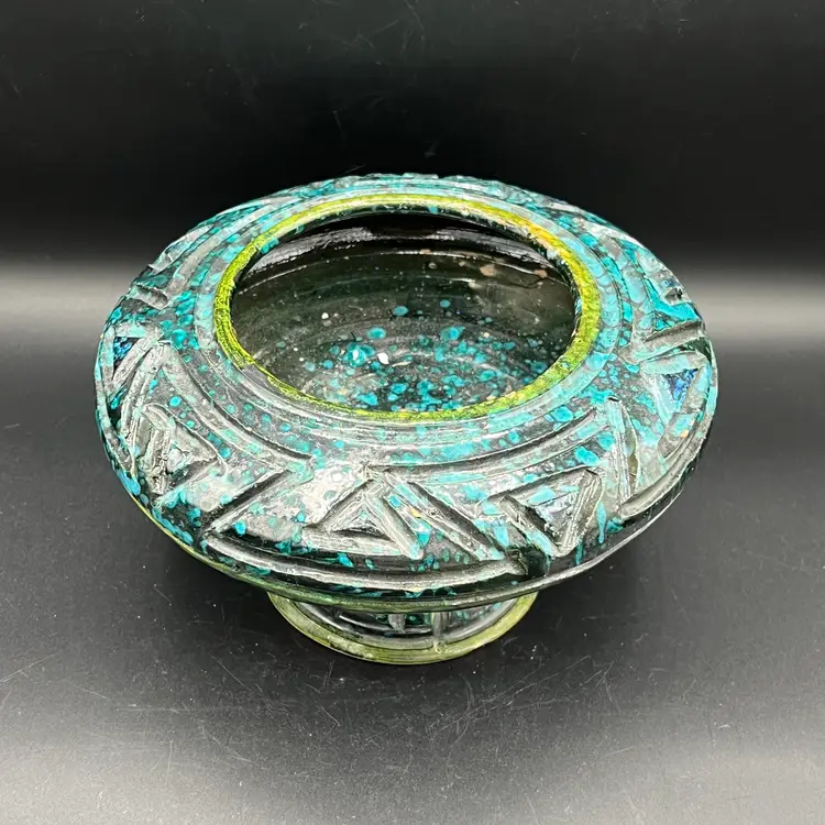 VTG Italian MCM Green Blue Yellow Footed Ceramic Pedestal Vase Pottery Dish Bowl Italy