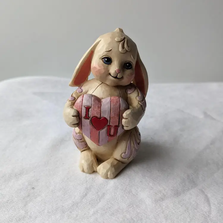 Jim Shore Bunny Rabbit "I Love U" Puffy Patchwork Heart Figurine Signed