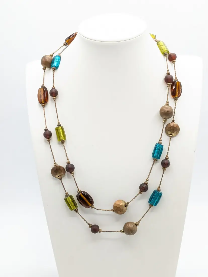 Bronze Color Chain with Glass and Wood Beads Earth Tone Necklace Autumn Jewelry