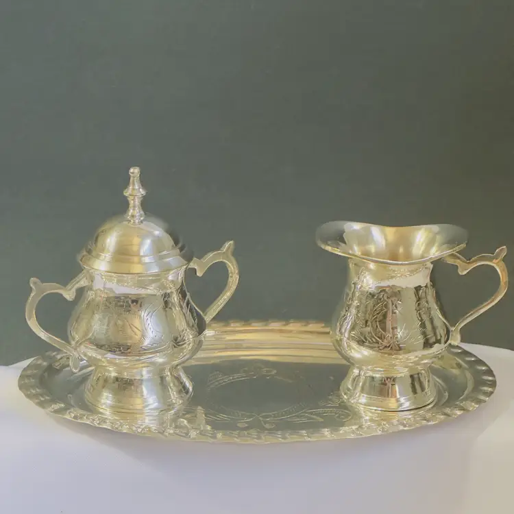 #1233 Vintage Silver Plated Sugar Bowl w Lid and Creamer & Tray, Engraved Design, "Commodore Solid Brass Collection" Made in India