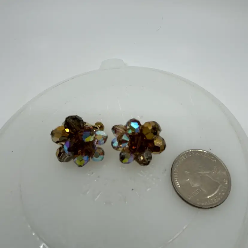 Vintage Vendome AB Beaded Brown Glass Cluster Screw Clip On Earrings
