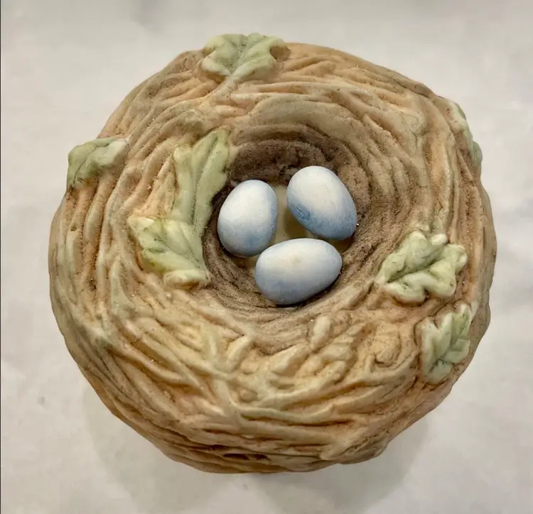 Marjolein Bastin, Porcelain, Bird Nest with Blue Eggs, Hinged Trinket Box, “Love Begins with Mother”