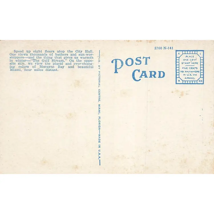 MIAMI BEACH FLORIDA~CITY HALL~ANTIQUE VINTAGE POSTCARD