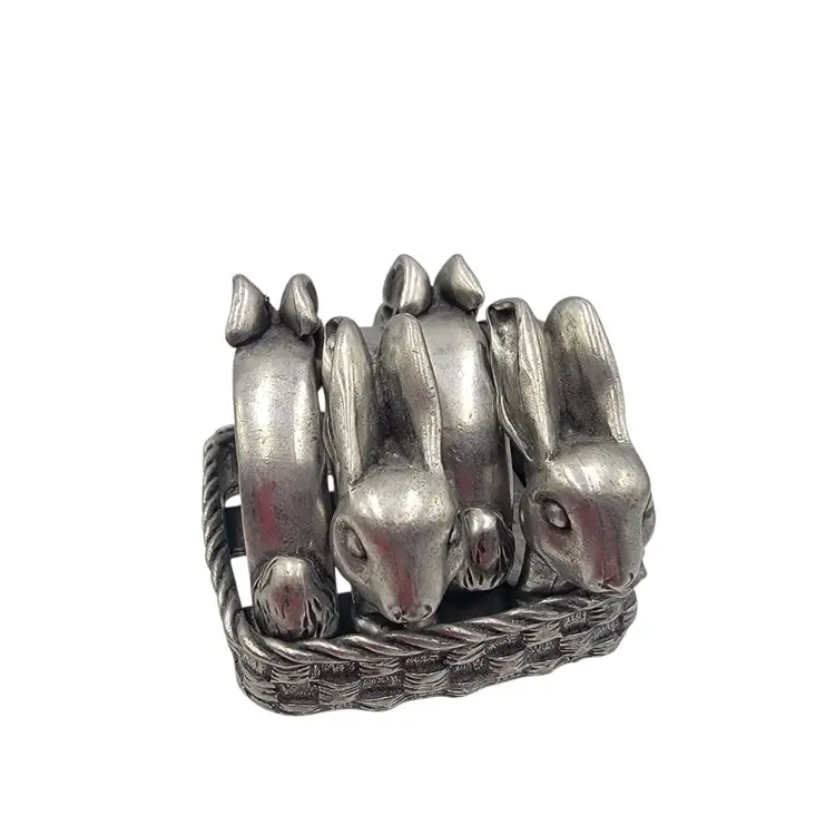 #09 1986 Seagull Pewter Bunny Napkin Rings & Holder