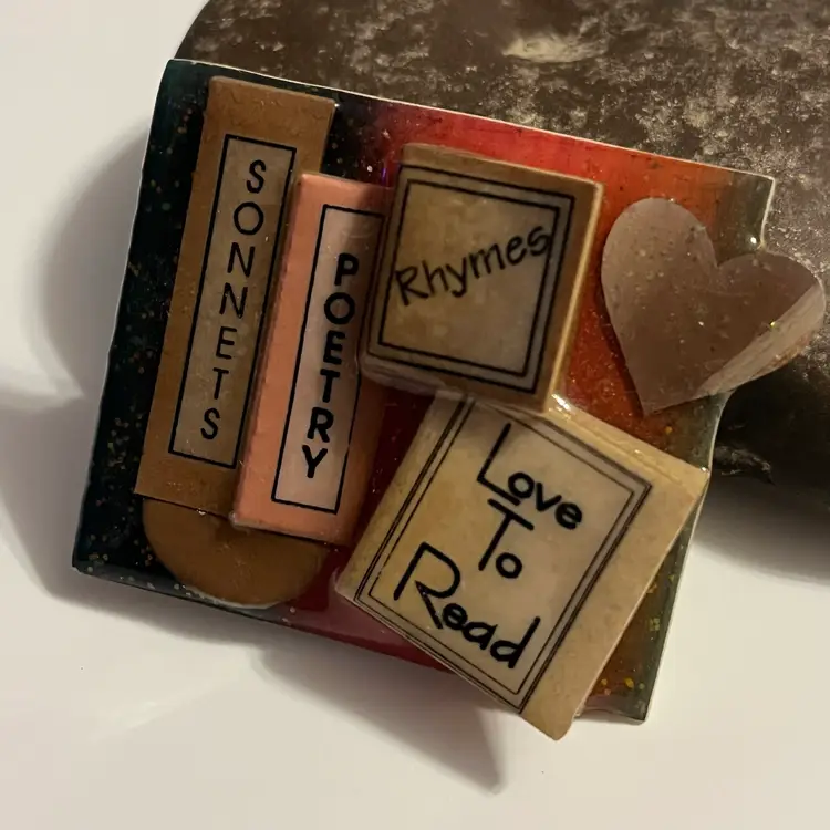Vintage LUCINDA Book Pin – Sonnets Poetry Rhymes Stack Heart Glitter Accent 2" W