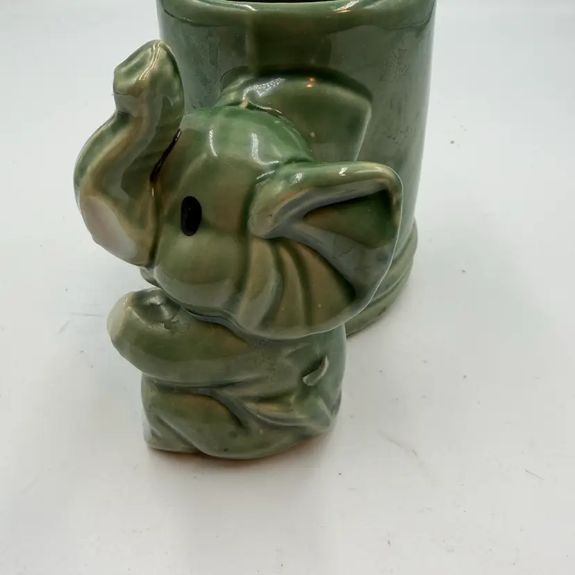 Vintage Majolica Lucky Elephant Green Ceramic Bamboo Planter Vase