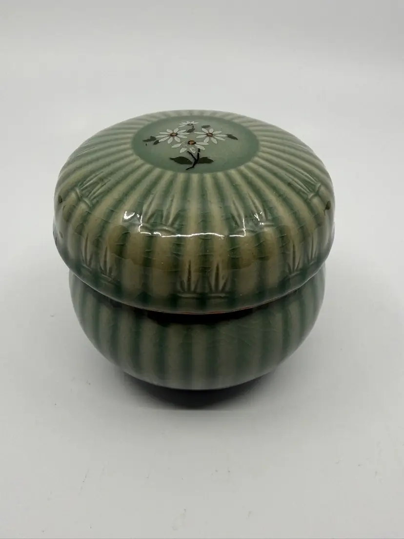 Vintage Celadon Green Tea Cup Infuser with Lid Strainer Set Handpainted Flowers