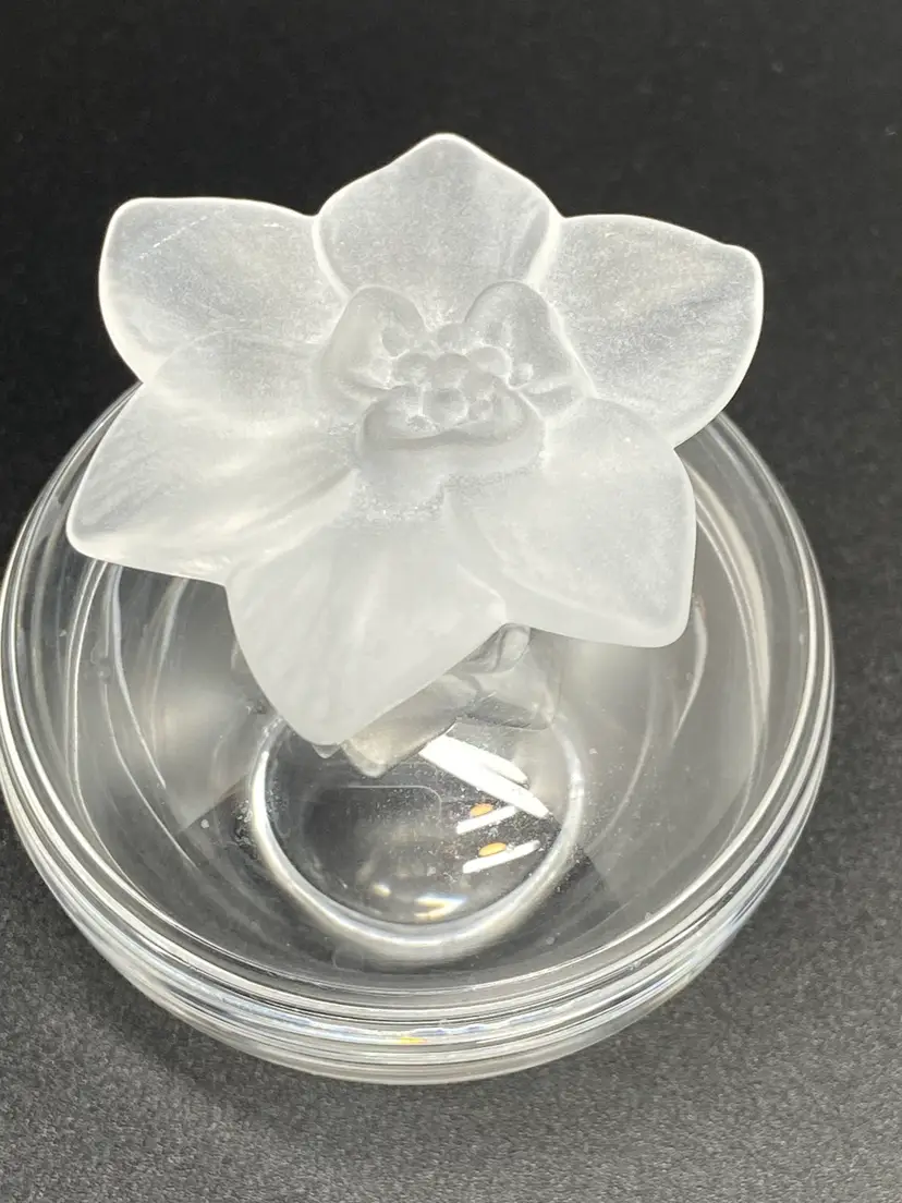 Vintage French Crystal Flower Trinket Dish w/ Frosted Rose on Lid, 2.5" Tall
