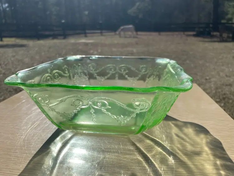 Depression Glass, Lorain "Basket", 8" Square Serving Bowl, Crystal Green
