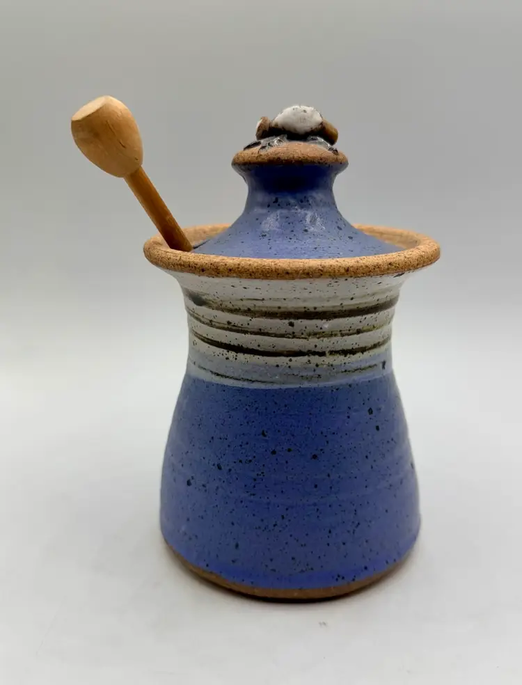 Ron Peake Studio Pottery Honey Pot Blue Banded Stoneware Jar With Lid Dipper