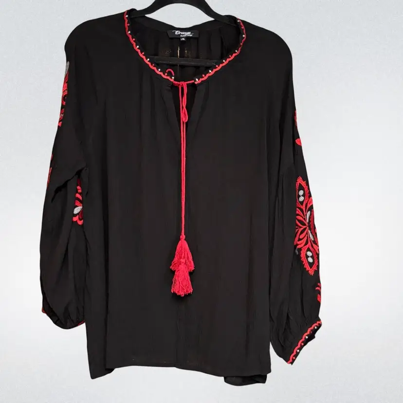 Black & Red Boho Peasant Embroidered Blouse With Tie Sz L/XL