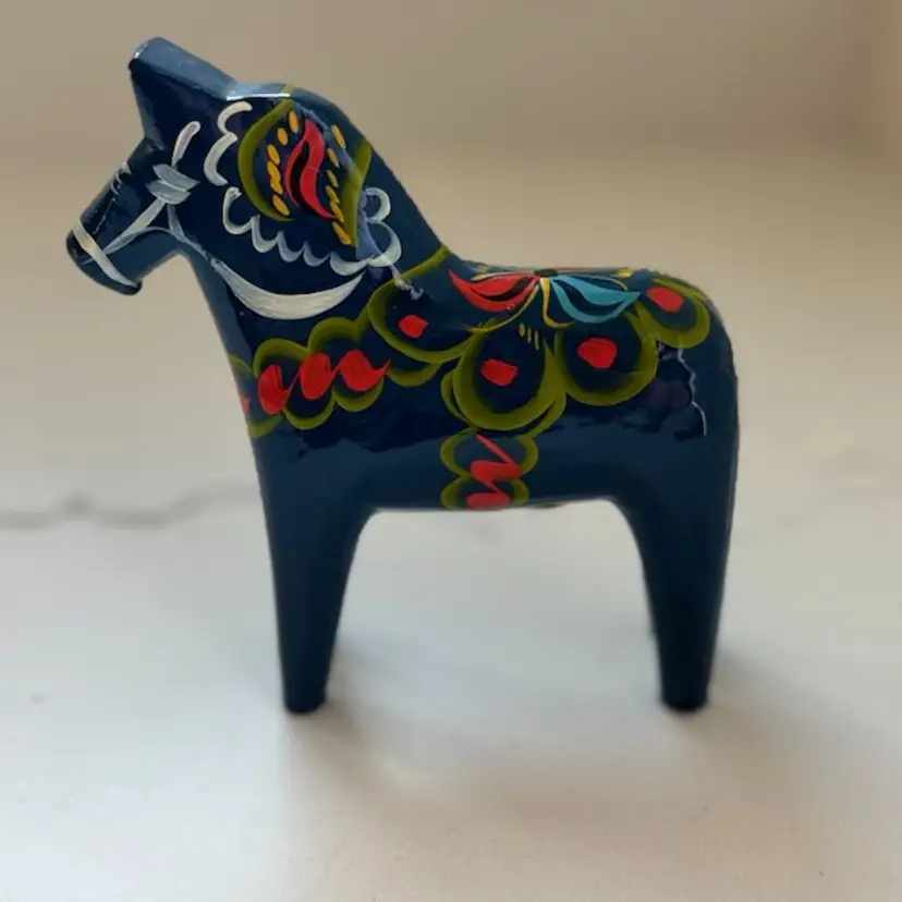 Vintage Nils Olsonn Wood Hand Painted Blue Dala Horse W/ Original Sticker