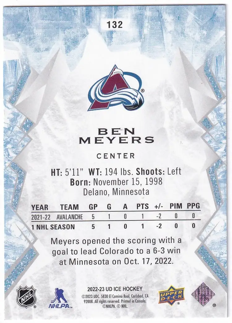 2022-23 Upper Deck Ice Green #132 Ben Meyers Colorado Avalanche Hockey Card