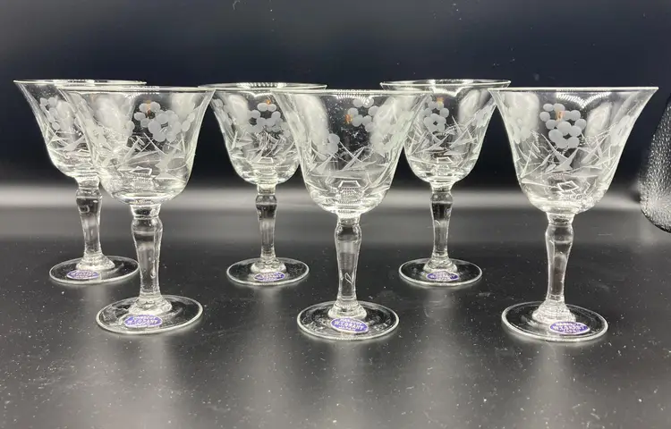 W.T. Grant Handcut Cocktail Glasses - Set of 6 Etched - New Old Stock - Vintage