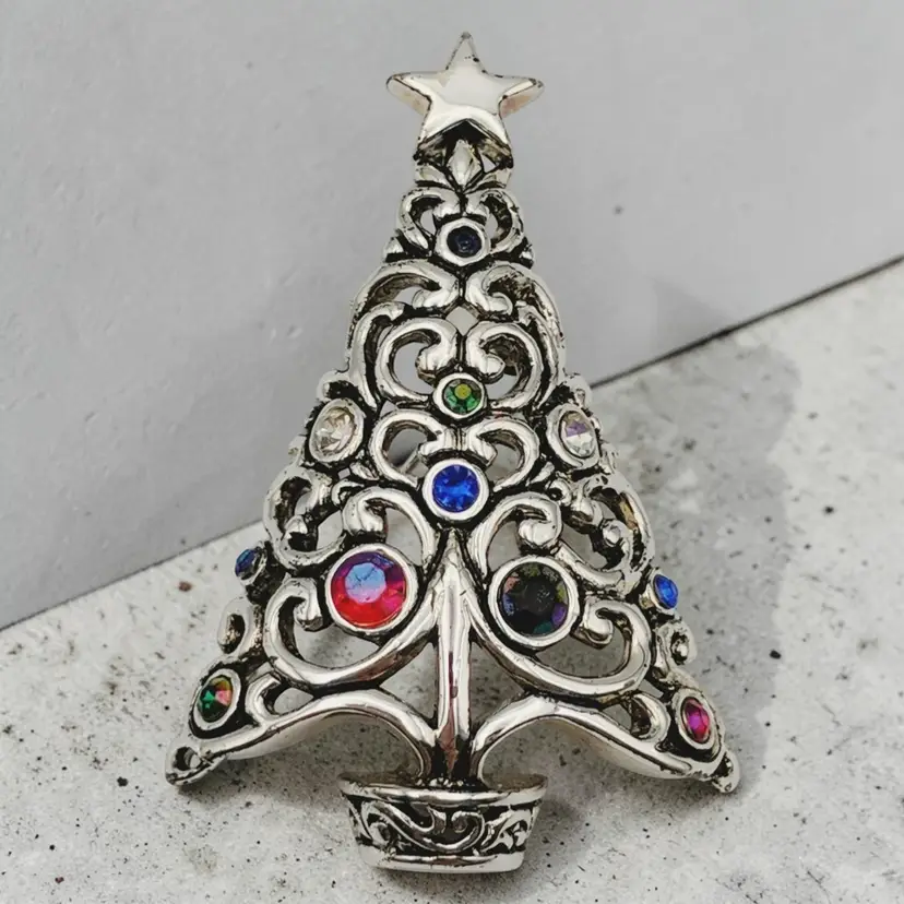 Christmas Tree Silver Tone Multicolored Rhinestone Open Work Pin Brooch Pendant