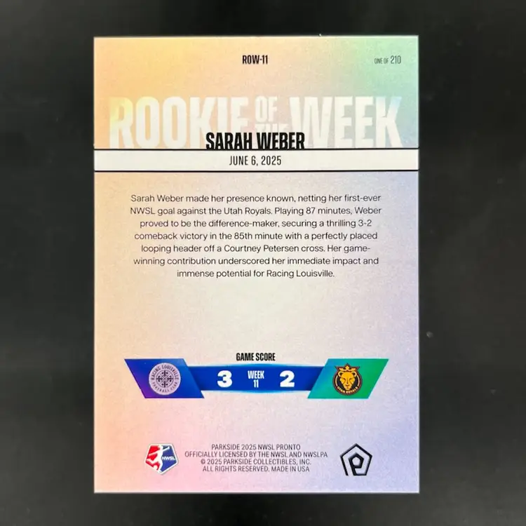 Sarah Weber 2025 NWSL Parkside Pronto Rookie Of The Week Subscriber Exclusive /210 Soccer Card #ROW11