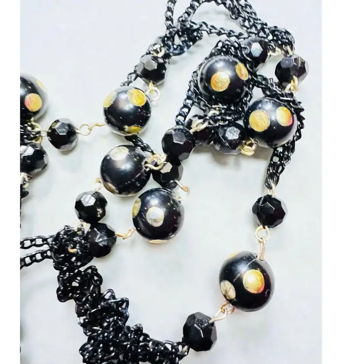 Vintage Black & Gold Enamel Chain & Bead Necklace - 54” Flapper Length - Clean & Very Good Condition