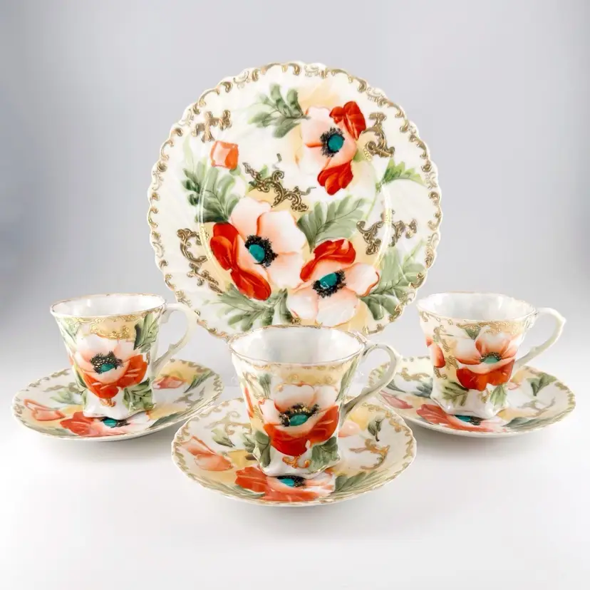 Nippon Hand Painted Orange Poppies Porcelain Plate & 3 Cups w/ Saucers Japan Atq