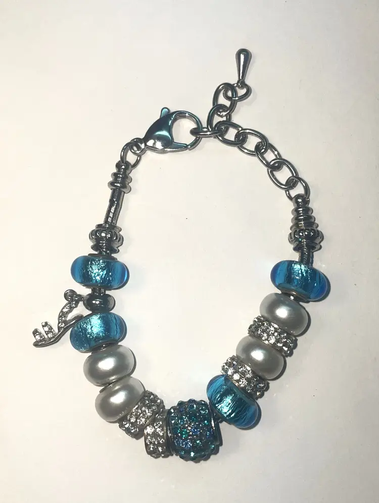 Blue Foil/Crystal/Pearl Bead Charm Bracelet Silver Tone Bow European