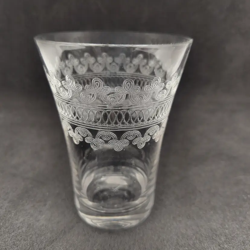 Vintage Fostoria Etched Large Cloverleaf Flair 6 oz. Juice Glass Heavy Base Boho